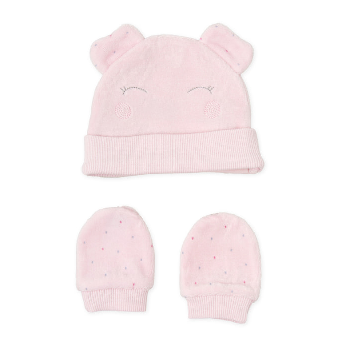 Gorro y manoplas . - Rosa