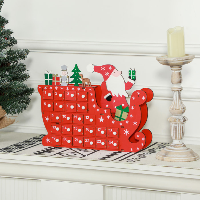Calendrier de l'Avent en bois traineau - 24 tiroirs - décoration de Noël - blanc rouge