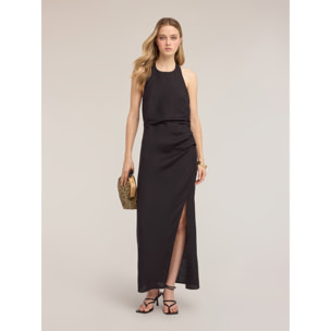 Motivi - Vestido largo en mezcla de lino con drapeado - Negro