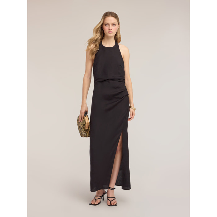 Motivi - Vestido largo en mezcla de lino con drapeado - Negro