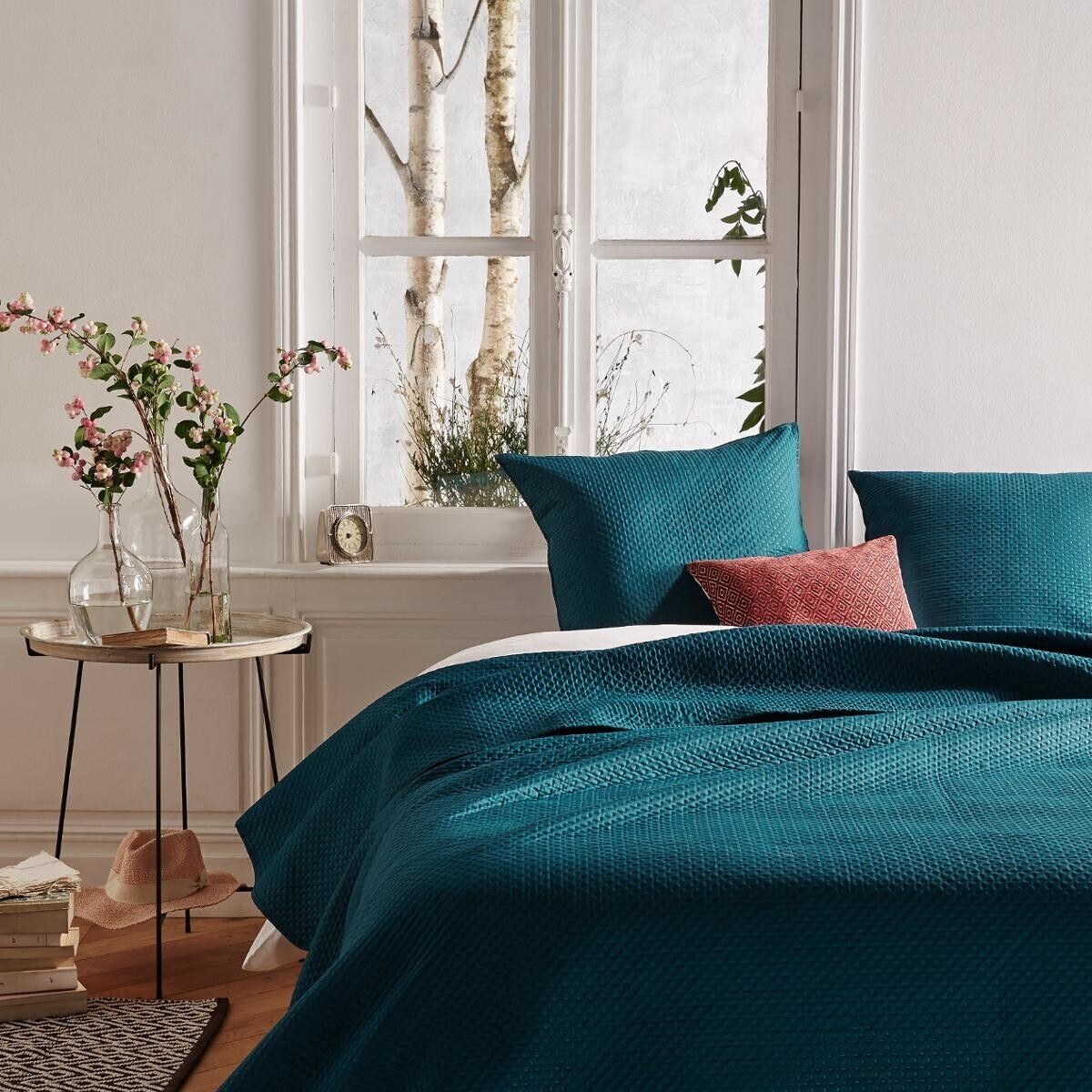 Dessus de lit + 2 taies "Dolce" bleu canard - 260x240 cm