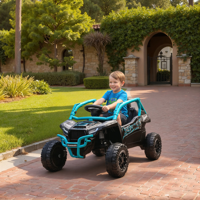 Coche Eléctrico para Niños 12V, Kawasaki Teryx KRX 1000, Coche de Batería UTV con 2 Motores, Control Remoto 2,4G, Suspensión Trasera, Faros, USB, para Niños de +3 Años, Azul