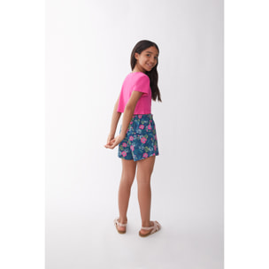 Conjunto Niña Top Color Grosella Crop “Aloha” con Nudo Frontal + Shorts Estampado Tropical Look Veraniego en Algodón Suave, Fresco | Color: Grosella | Street Monkey