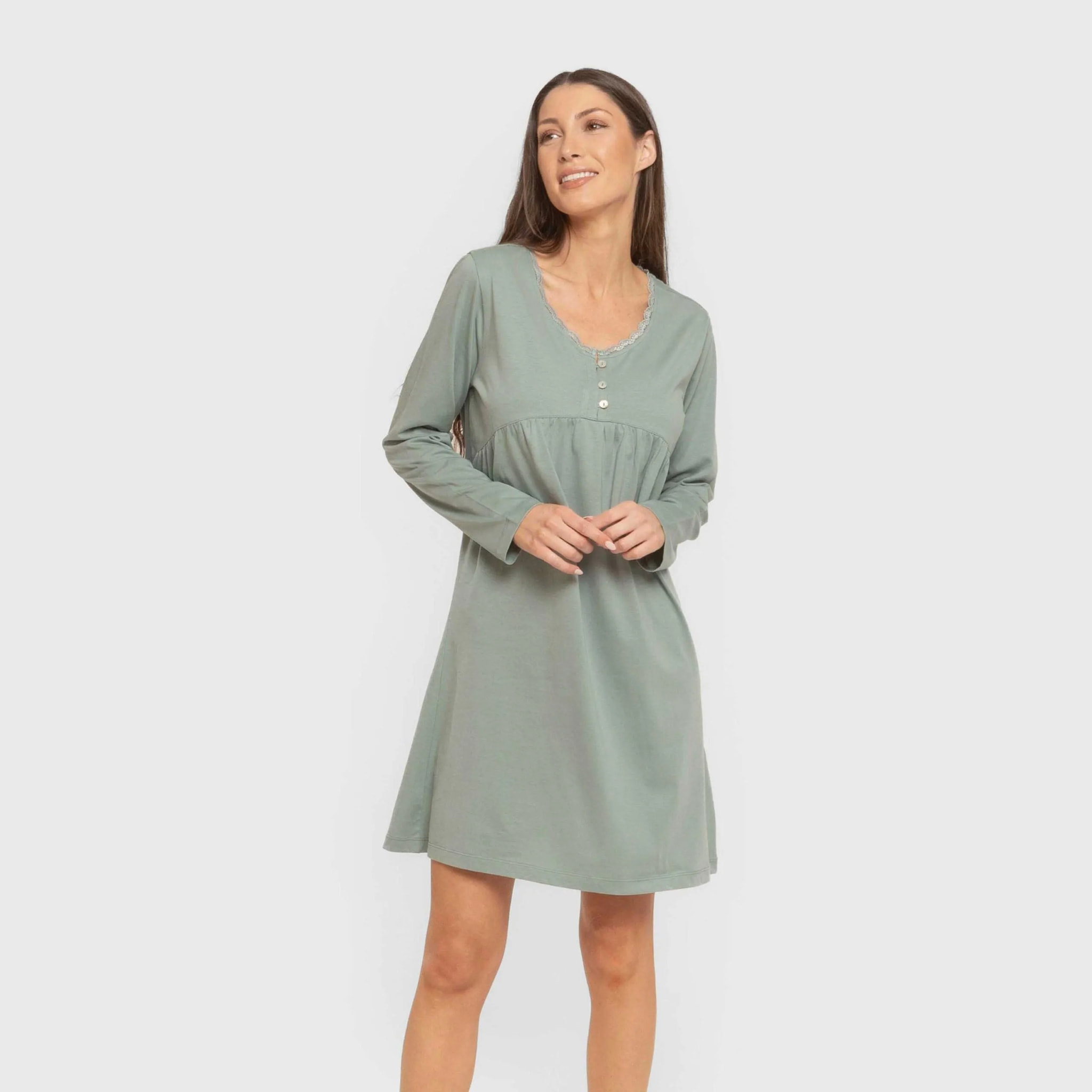 Camisón algodón manga larga encaje liso