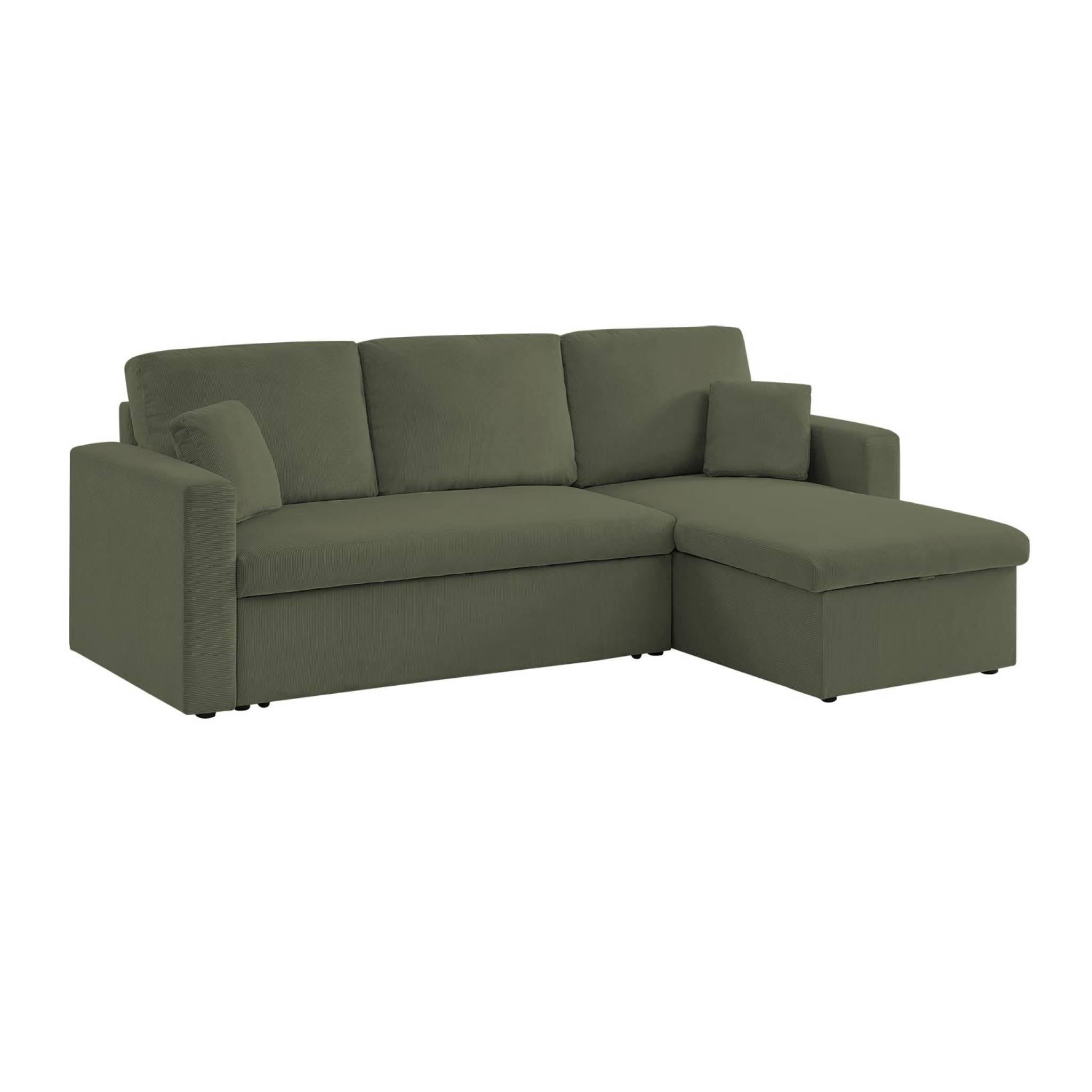Canapé d'angle convertible en velours côtelé kaki foncé- IDA - 3 places. fauteuil d'angle réversible coffre rangement lit modulable