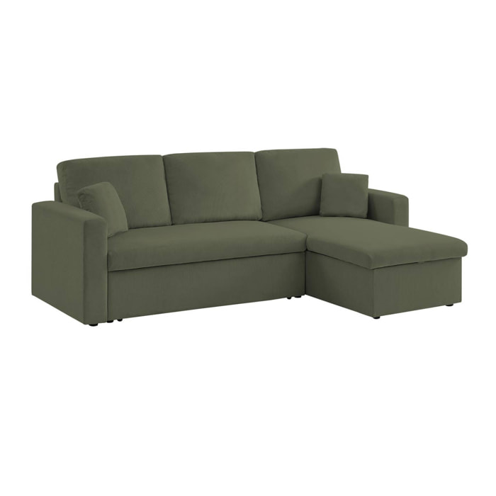 Canapé d'angle convertible en velours côtelé kaki foncé- IDA - 3 places. fauteuil d'angle réversible coffre rangement lit modulable