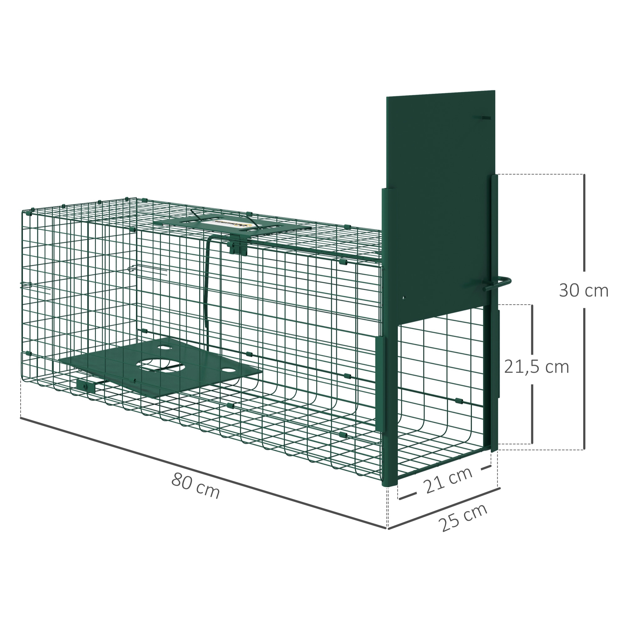 Piège de capture pour petits animaux type lapin rat - entrée, poignée - dim. 80L x 25l x 30H cm - acier vert