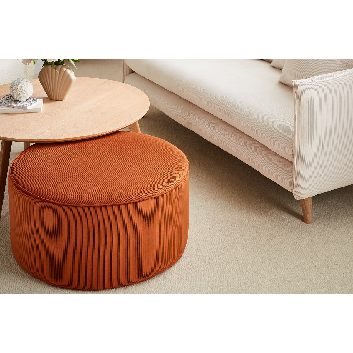 Pouf rond en tissu velours côtelé terre brulée D70 cm LOUIS