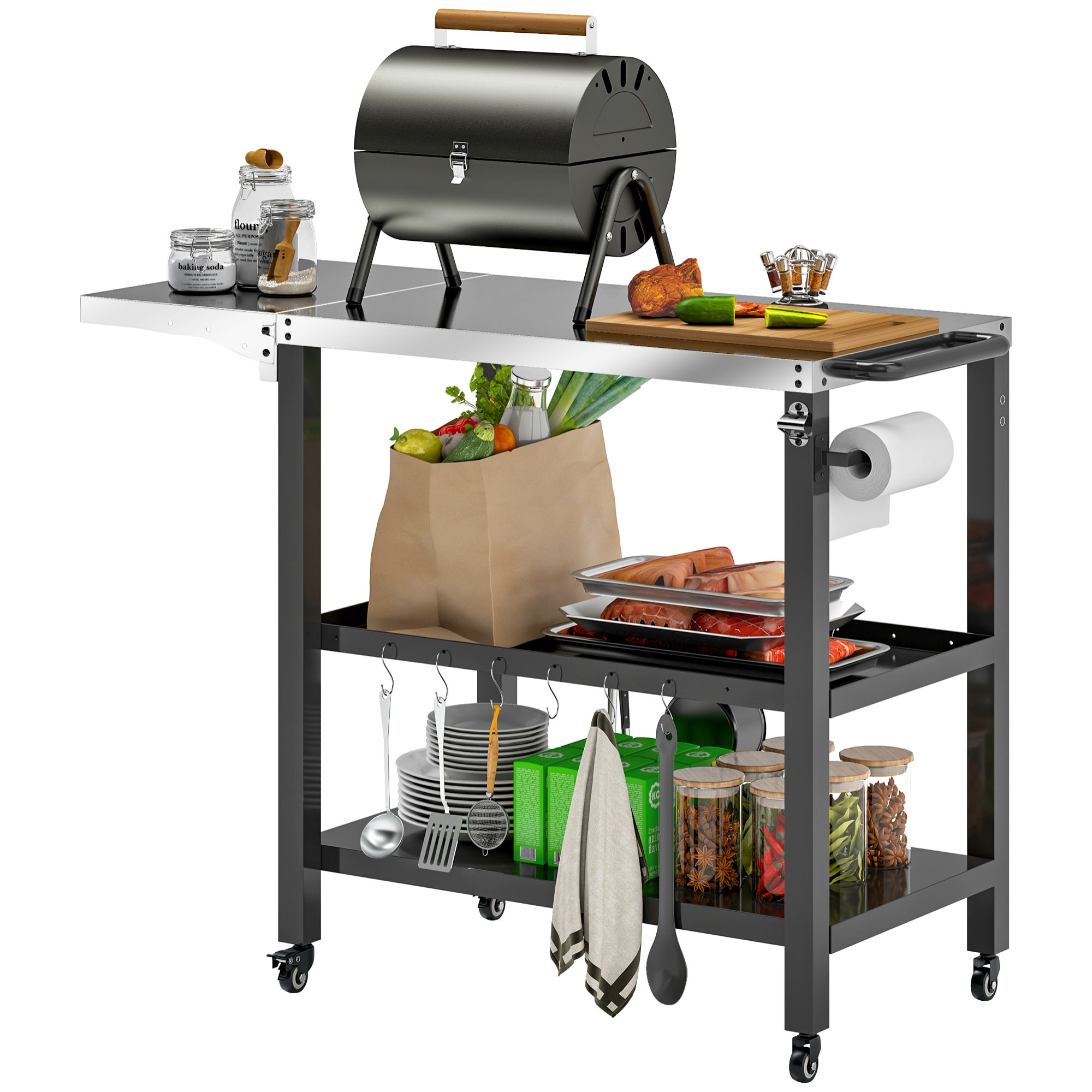 Carrito de Parrilla de 3 Niveles Carrito de Barbacoa Carro de Servicio con Ruedas Estantes Encimera de Acero Inoxidable Lateral Plegable y Asa Mesa de Horno de Pizza para Jardín Patio Negro