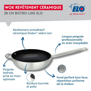 Poêle wok 28 cm avec revêtement céramique sans PFAS et son couvercle Elo