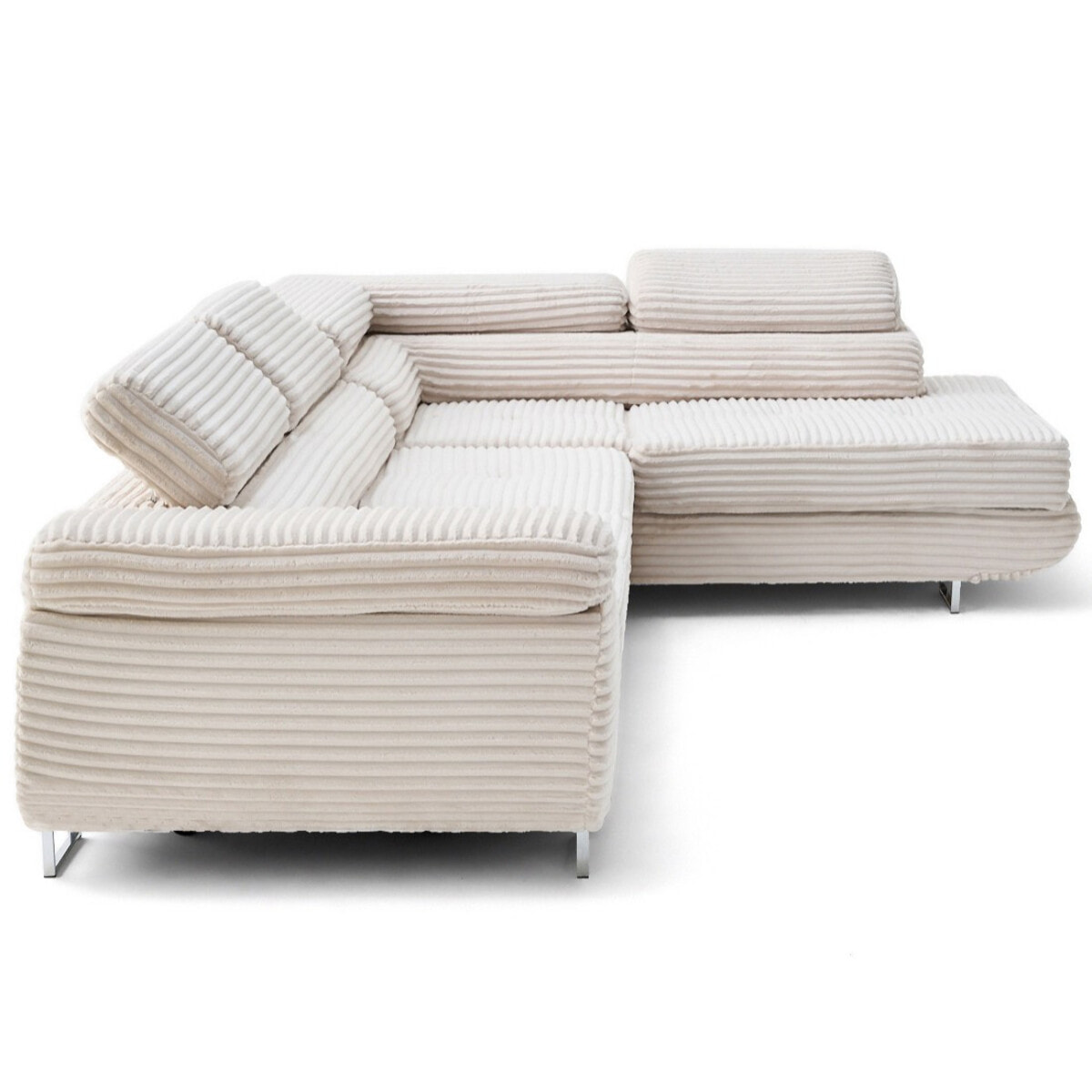 Zaria - canapé d'angle droit 5 places convertible avec coffre et têtières en velours côtelé grosses côtes - Beige