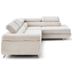 Zaria - canapé d'angle droit 5 places convertible avec coffre et têtières en velours côtelé grosses côtes - Beige