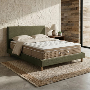 Ensemble matelas Bali & lit fixe Colisée | Mémoire de forme et ressorts ensachés | cadre à lattes | Velours côtelé | Bleu nuit