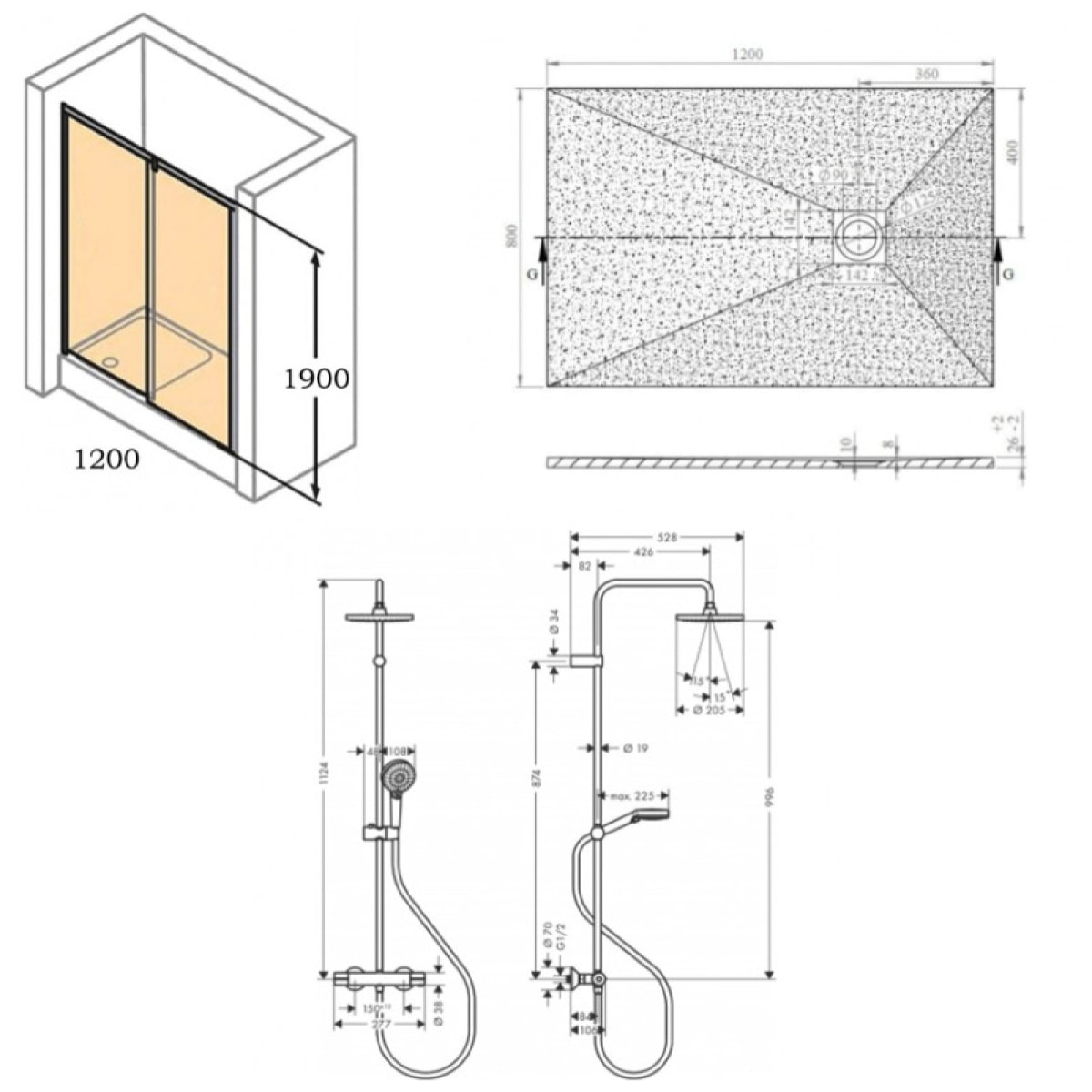 Pack douche : Porte coulissante 120cm + Colonne de douche avec mitigeur thermostatique Hansgrohe + Receveur 120x80cm Noir