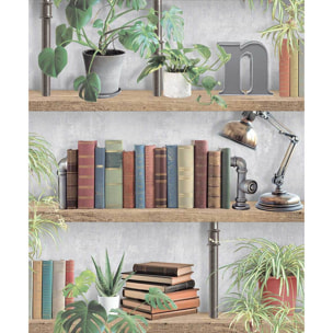Papier peint bibliothèque livres plantes style loft