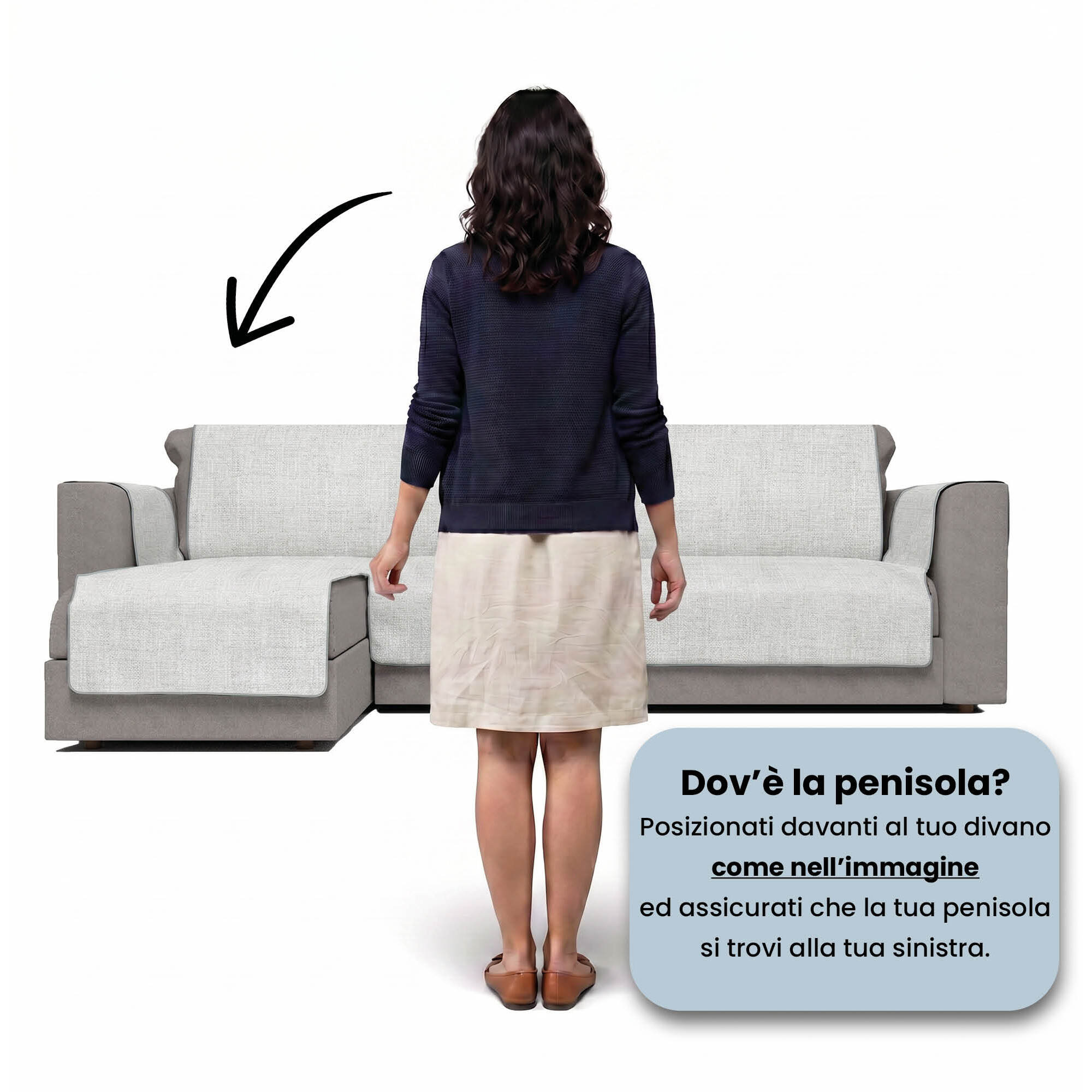 COPRIDIVANO PENISOLA SINISTRA COMFORT, Antiscivolo, Cotone+Microfibra+Fibre Varie, Made in Italy - GRIGIO CHIARO