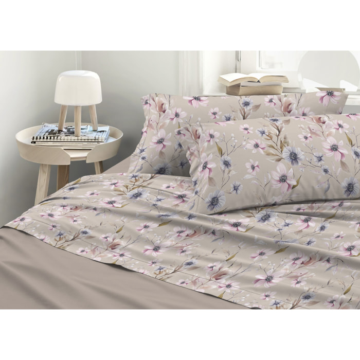 Completo Lenzuola Matrimoniale in Raso 60/60 Morbidezza Eleganza Floreale Artemisia