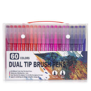 Set 60 Rotuladores color doble punta, punta fina 0,4 mms y punta pincel acuarelable profesional. Forma triángular ergonómica para lettering, caligrafía, ilustraciones…