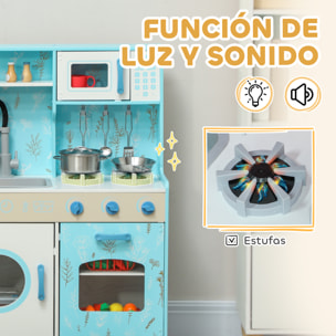 Cocina de Juguete para Niños +3 Años Cocina de Madera Infantil Cocinita Infantil con Sonido Fogón Horno Grifo Fregadero Microondas Lavadora Máquina de Hielo y Accesorios de Cocina Azul