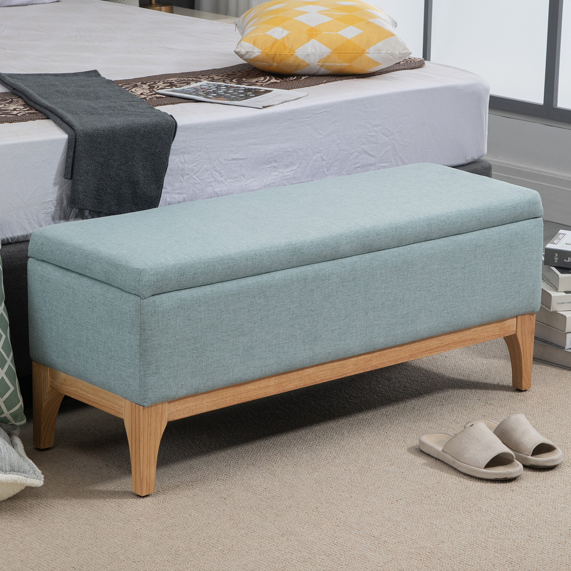 Baúl de Almacenaje para Dormitorio 72L Puff Almacenaje Tapizado en Lino Banco de Almacenaje con Patas de Madera y Almohadillas Ajustables para Entrada Salón 110x39x45 cm Verde Claro