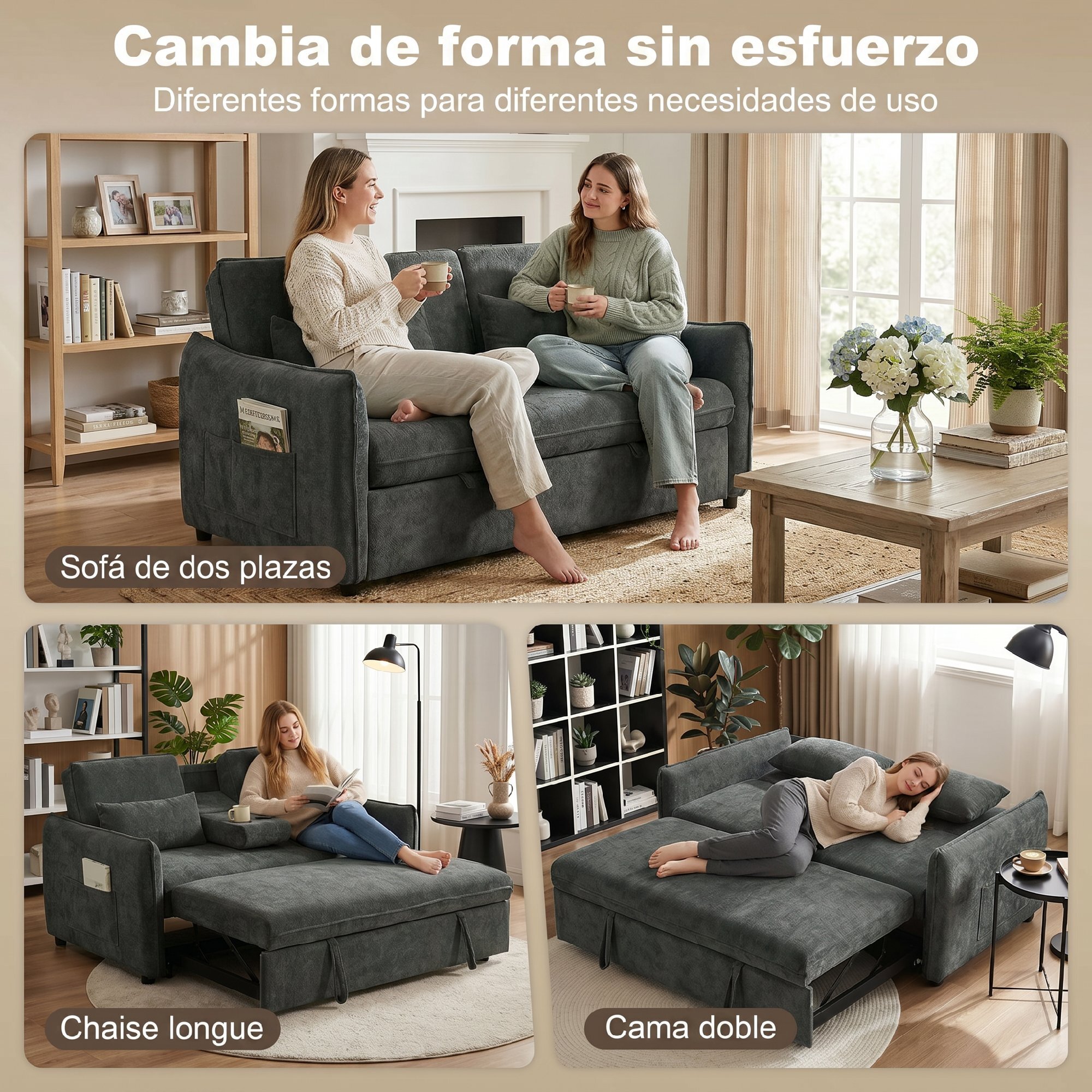 Sofá Cama 2 Plazas 3 en 1, Sofá Cama de Chenilla con Mesa Auxiliar, Portavasos, Respaldo Ajustable, Bolsillos Laterales, 2 Almohadas para Sala de Estar, Espacios Pequeños, Gris Oscuro