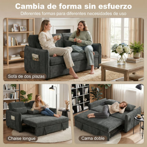 Sofá Cama 2 Plazas 3 en 1, Sofá Cama de Chenilla con Mesa Auxiliar, Portavasos, Respaldo Ajustable, Bolsillos Laterales, 2 Almohadas para Sala de Estar, Espacios Pequeños, Gris Oscuro