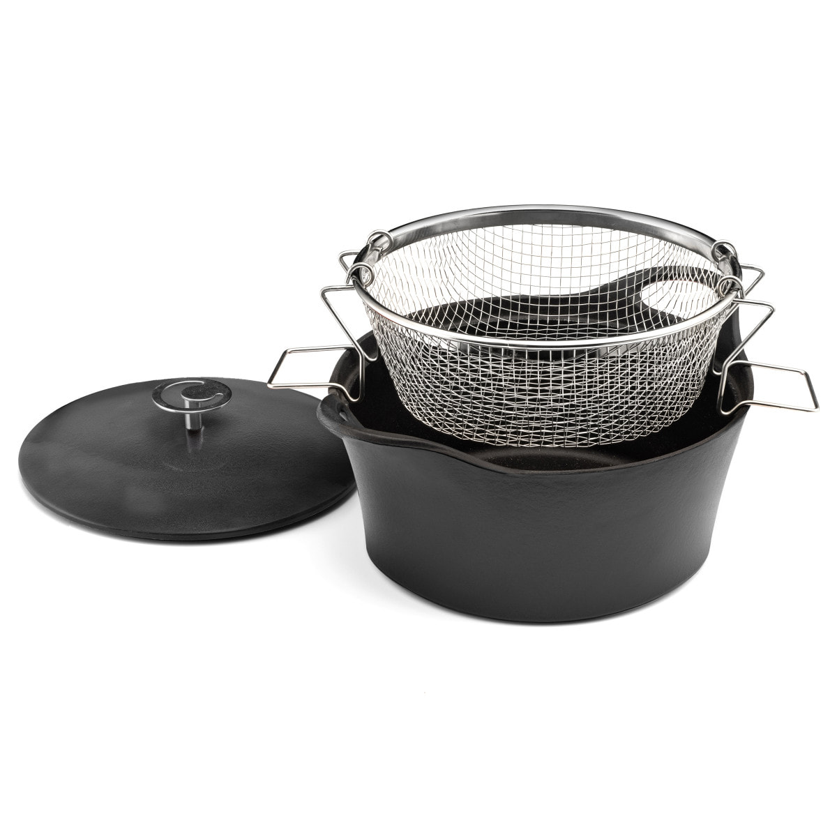 Volcan - Cocotte ronde noire 24 cm avec panier cuisson  pour friture eau