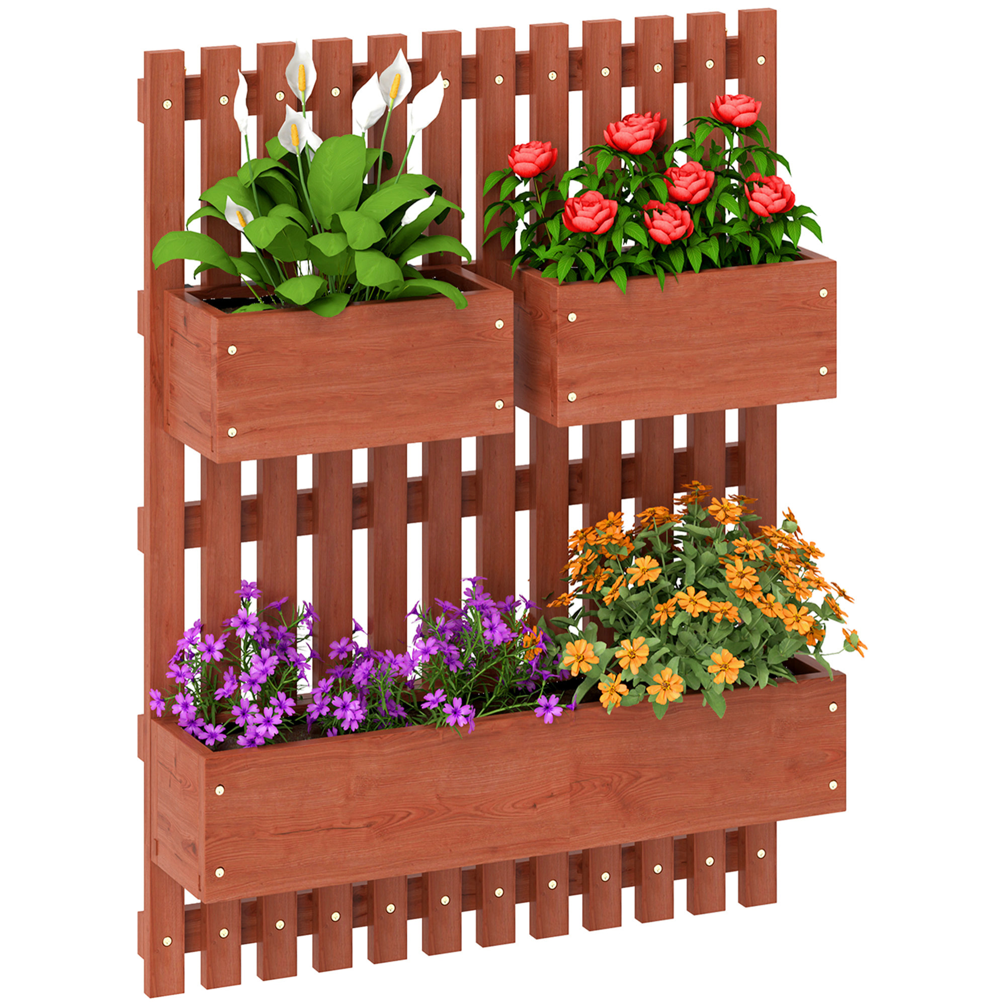 Jardinera de Pared con Enrejado, Jardinera Exterior Grande de Madera con 3 Macetas Móviles y Orificio de Drenaje, para Exterior, Jardín, Terraza, Patio, 60x16x80 cm, Marrón