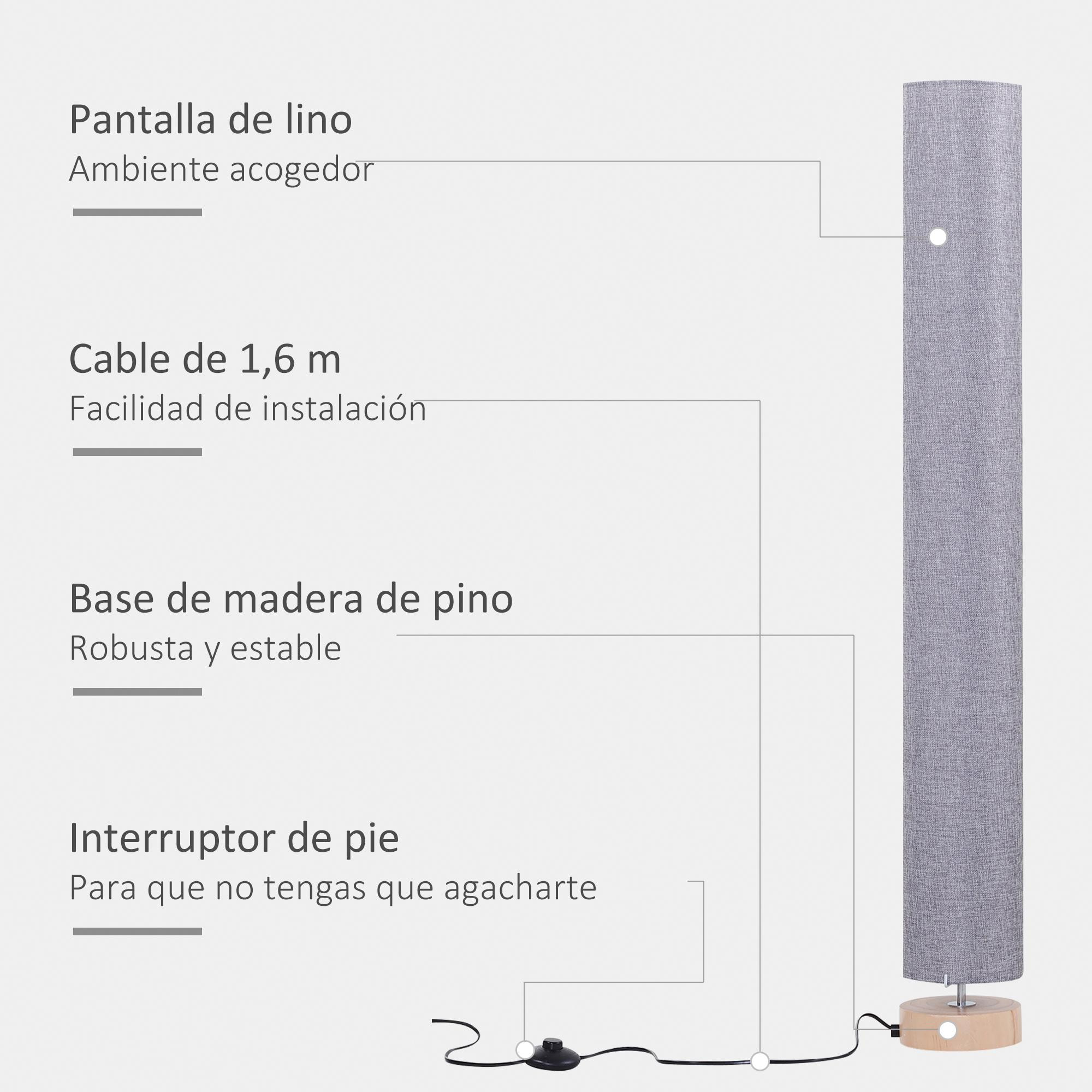 Lámpara de Pie Moderna Lámpara de Salón con Casquillo Máx. 40 W E27 Pantalla de Lino y Marco de Metal para Dormitorio Ø15x120 cm Gris