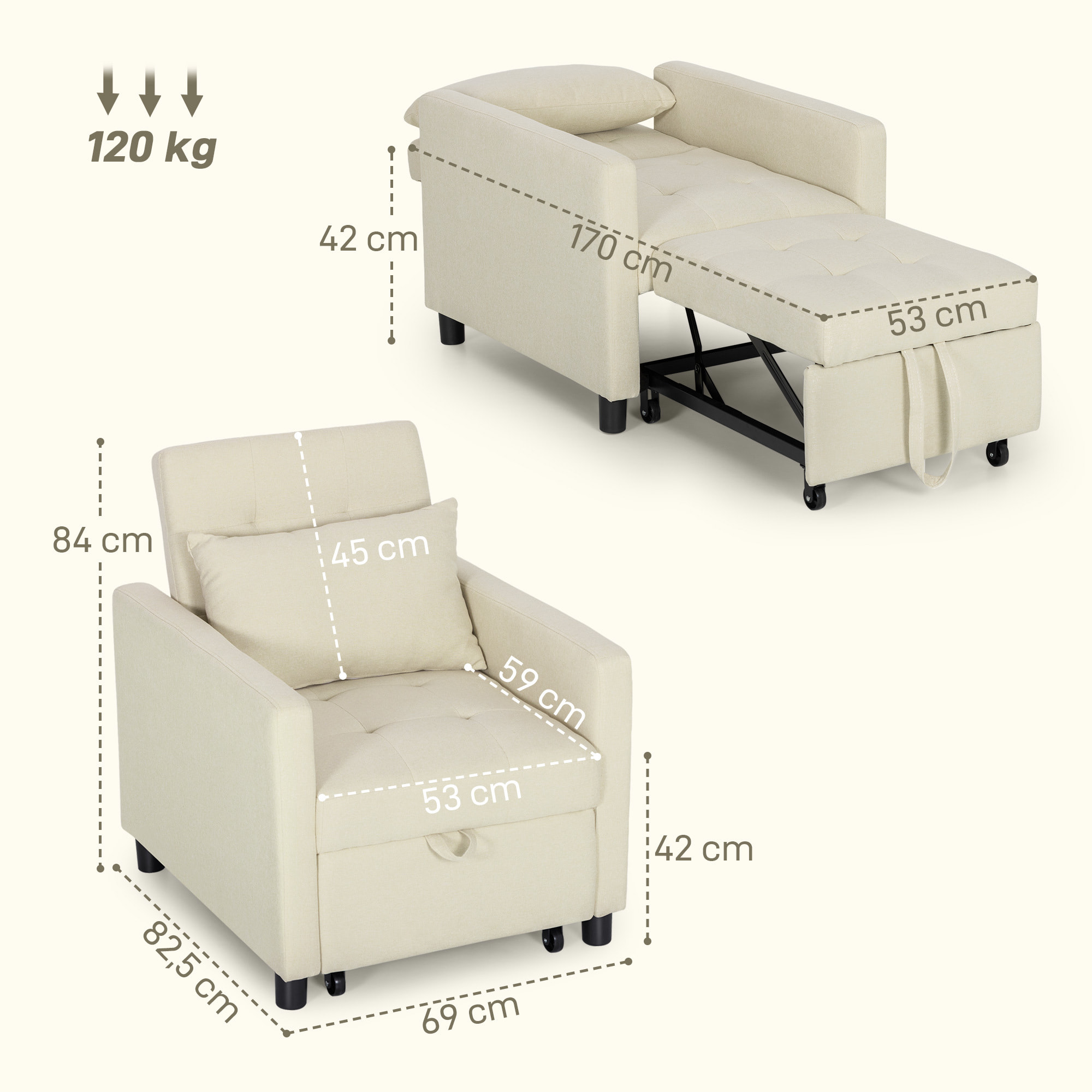 Sofá Cama de 1 Plaza 3 en 1, Sillón Cama Tapizado en Lino, con Respaldo Ajustable de 3 Niveles, Almohada Acolchada, para Oficina, Dormitorio, Salón, 69x82,5x84 cm, Beige
