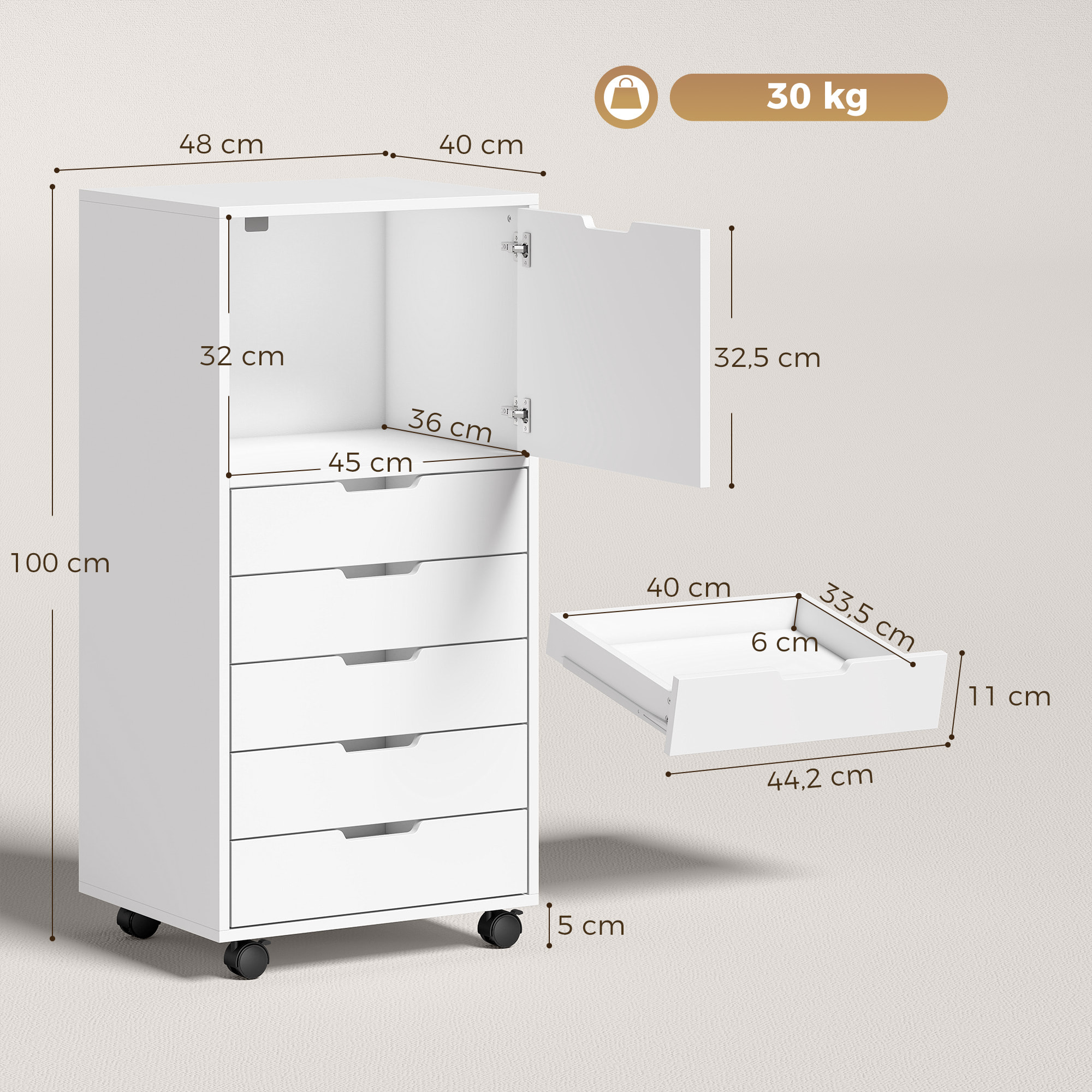 Cajonera Escritorio con 5 Cajones, Cajonera de Oficina con Ruedas y Armario con Cierre Suave, Soporte para Impresora, Mueble Archivador para Oficina en Casa, Blanco