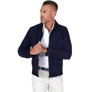 Giacca in camoscio blu impunturata colletto camicia