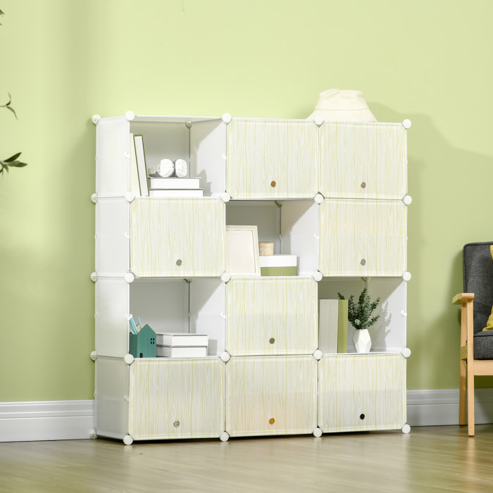 Armario Modular de Plástico Cajas de Zapatos con 12 Cubos Zapatero Organizador para Entrada Pasillo Dormitorio 125x32x125 cm Blanco y Natural