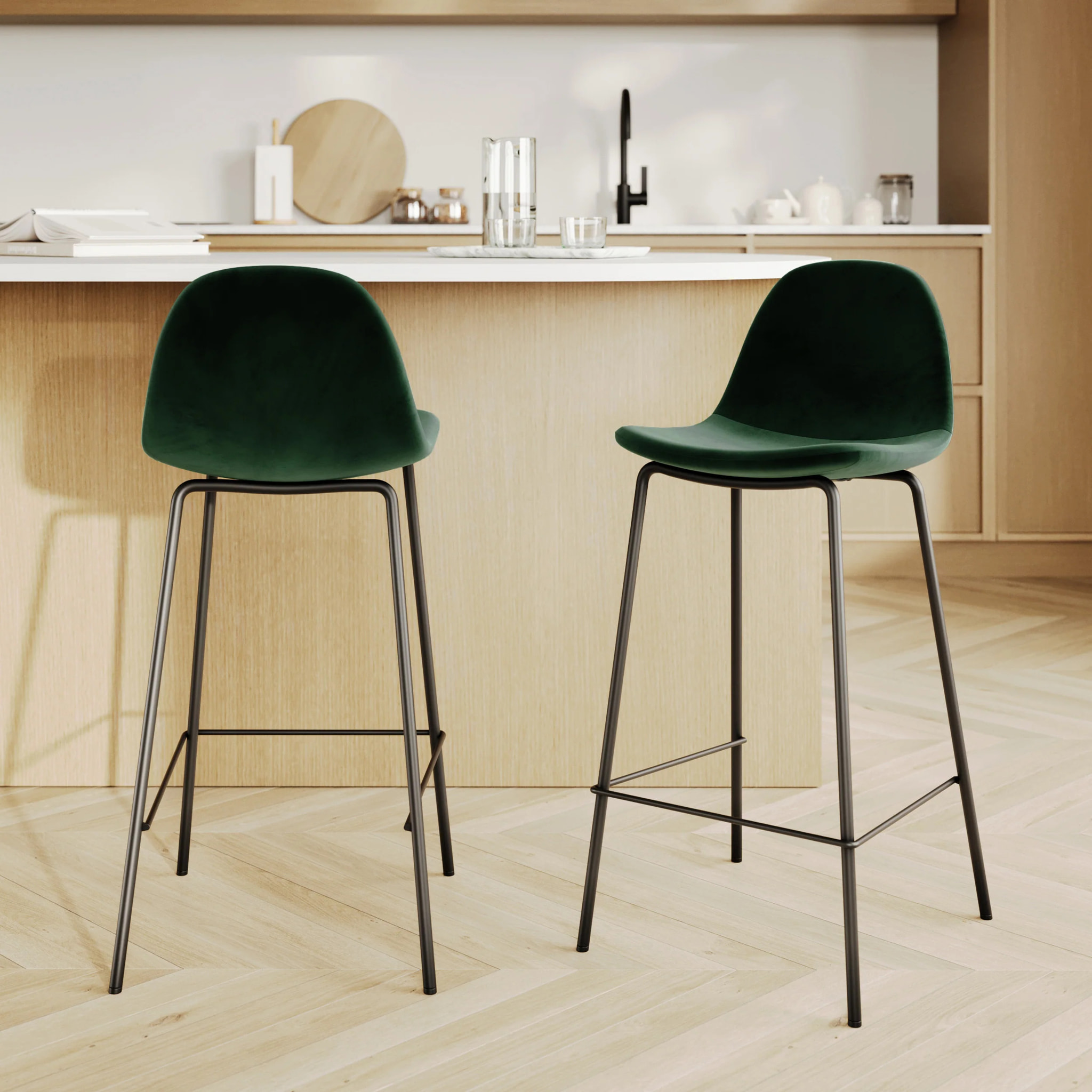 Lot de 2 chaises pour îlot central 65 cm en velours vert foncé - Henrik