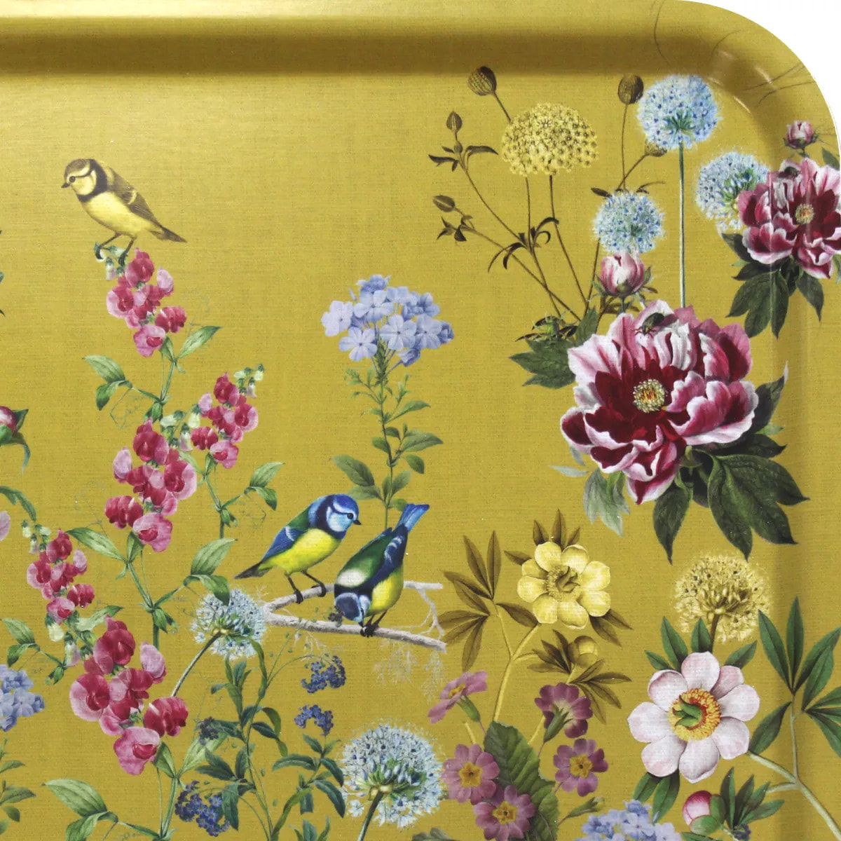 Plateau bois imprimé jaune rouge Mesanges curry