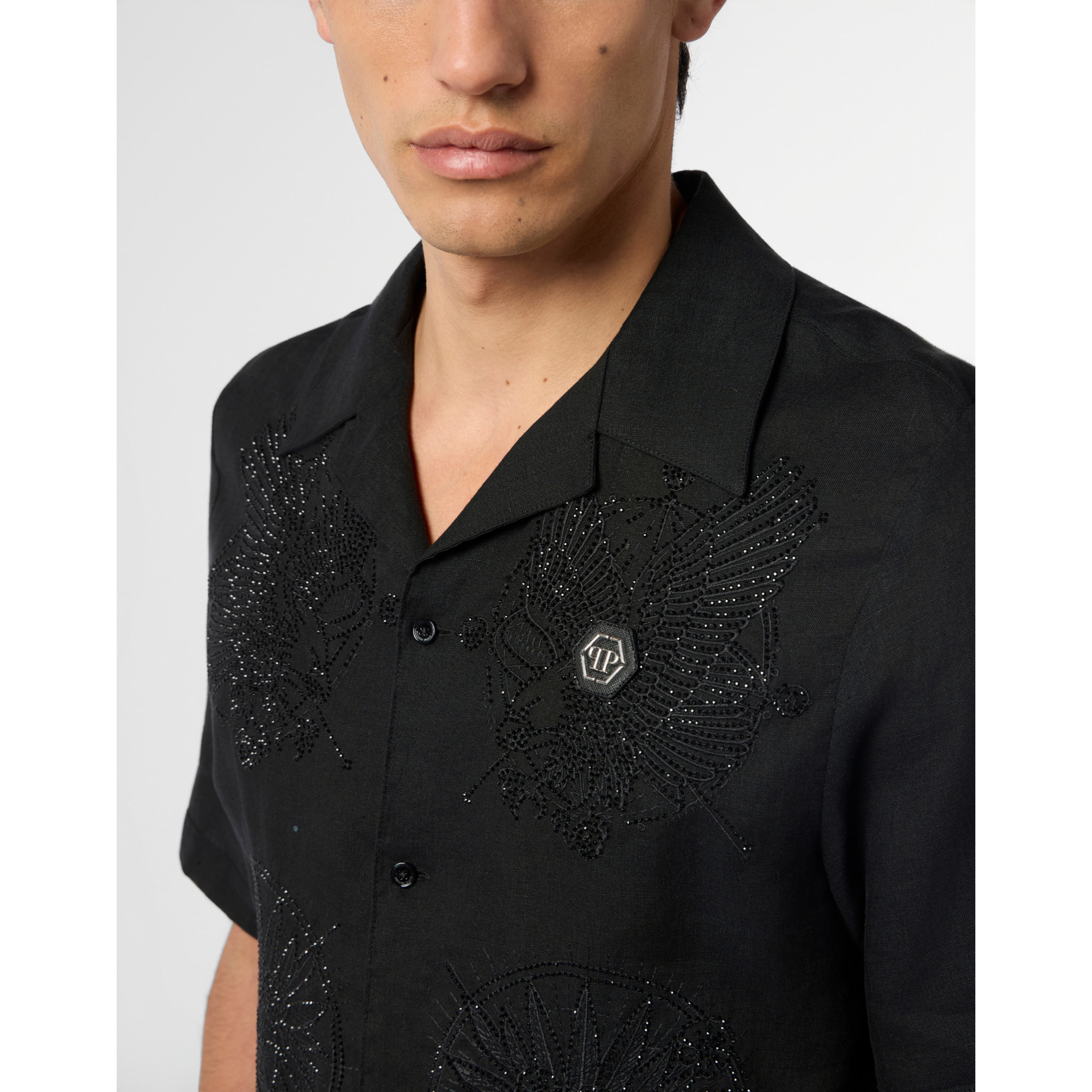 PHILIPP PLEIN Embroidered Linen Bowling Shirt Tattoo Strass