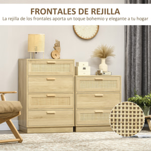 Cómoda de Noche con 3 Cajones de Rejilla de Ratán Cajonera de Madera para Dormitorio Salón Estilo Bohemio 60x38x69 cm Natural