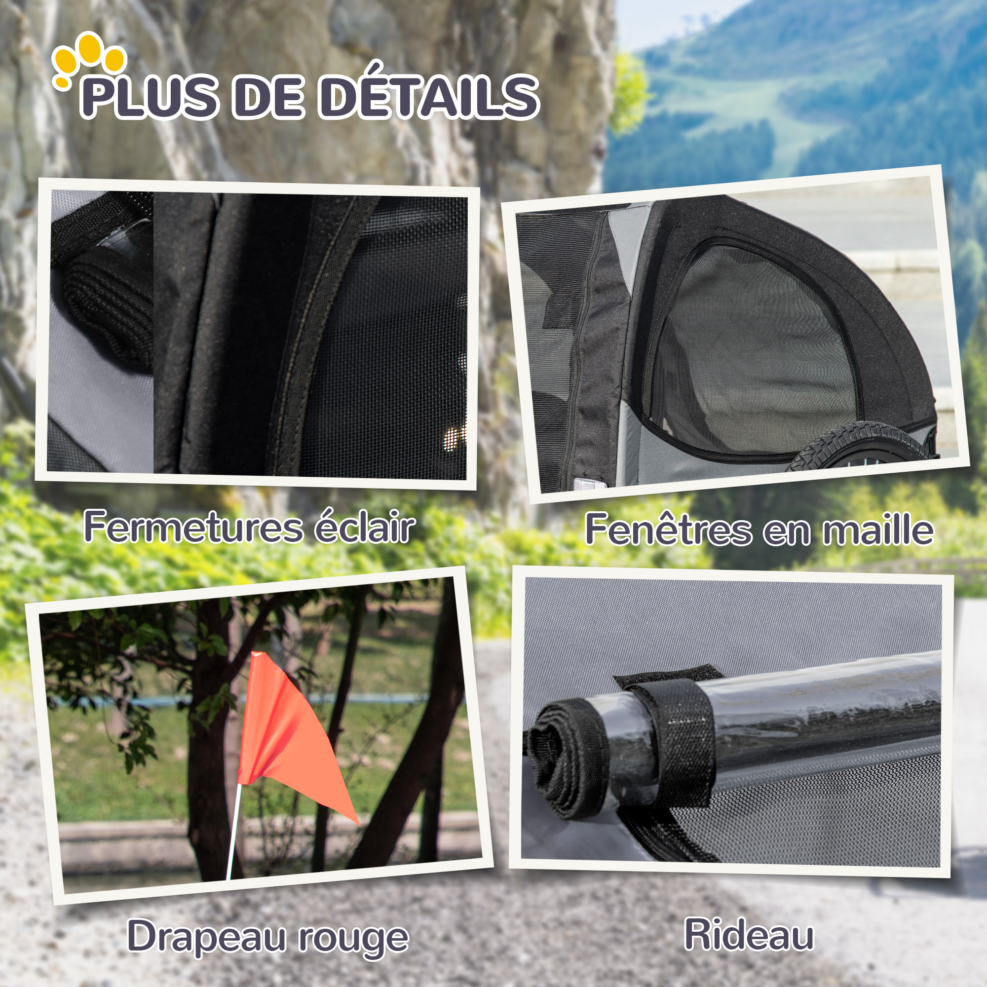 Remorque vélo pour chien 20 Kg pliable barre attelage fixation réflecteurs drapeau noir