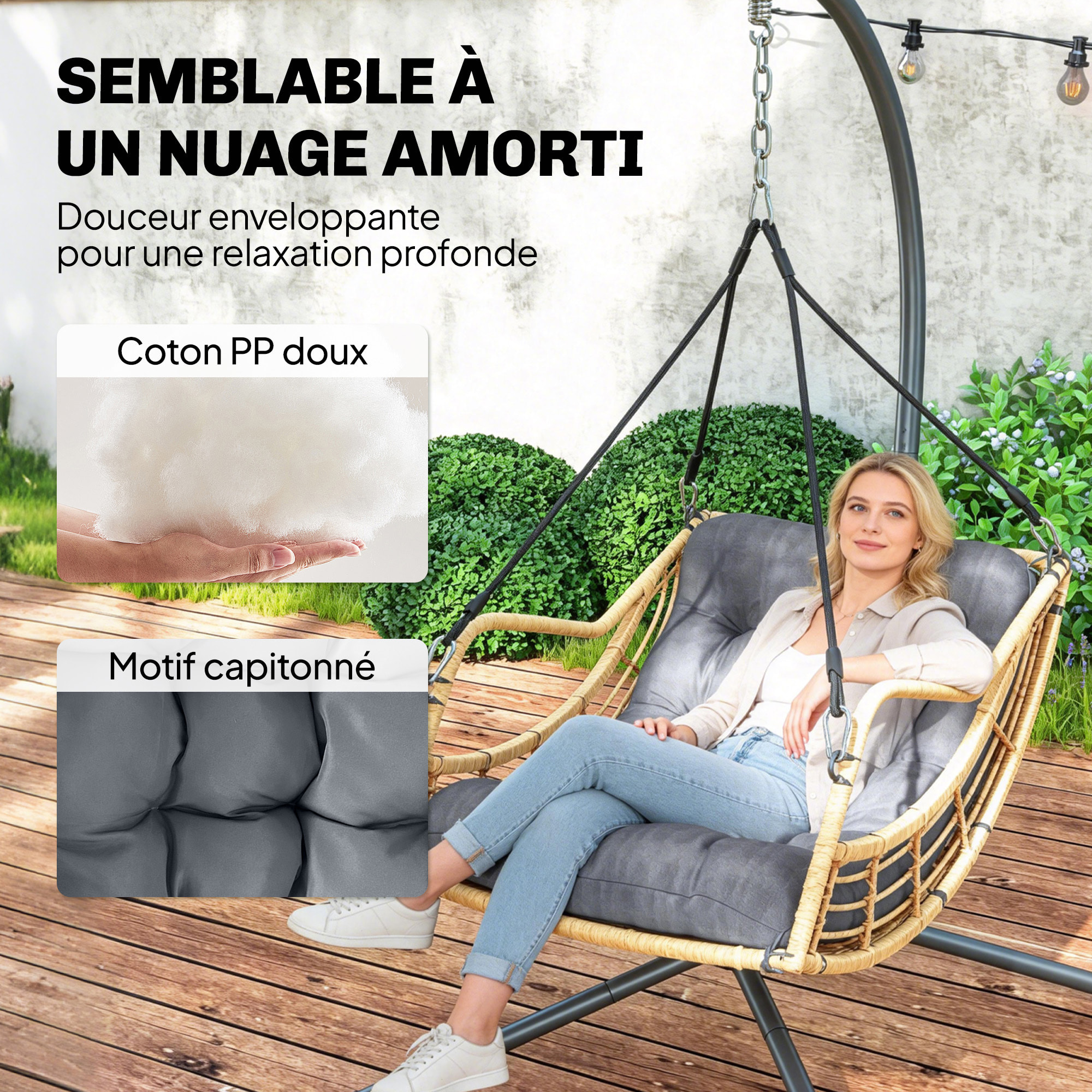 Fauteuil suspendu design résine tressée avec support acier et épais coussin gris