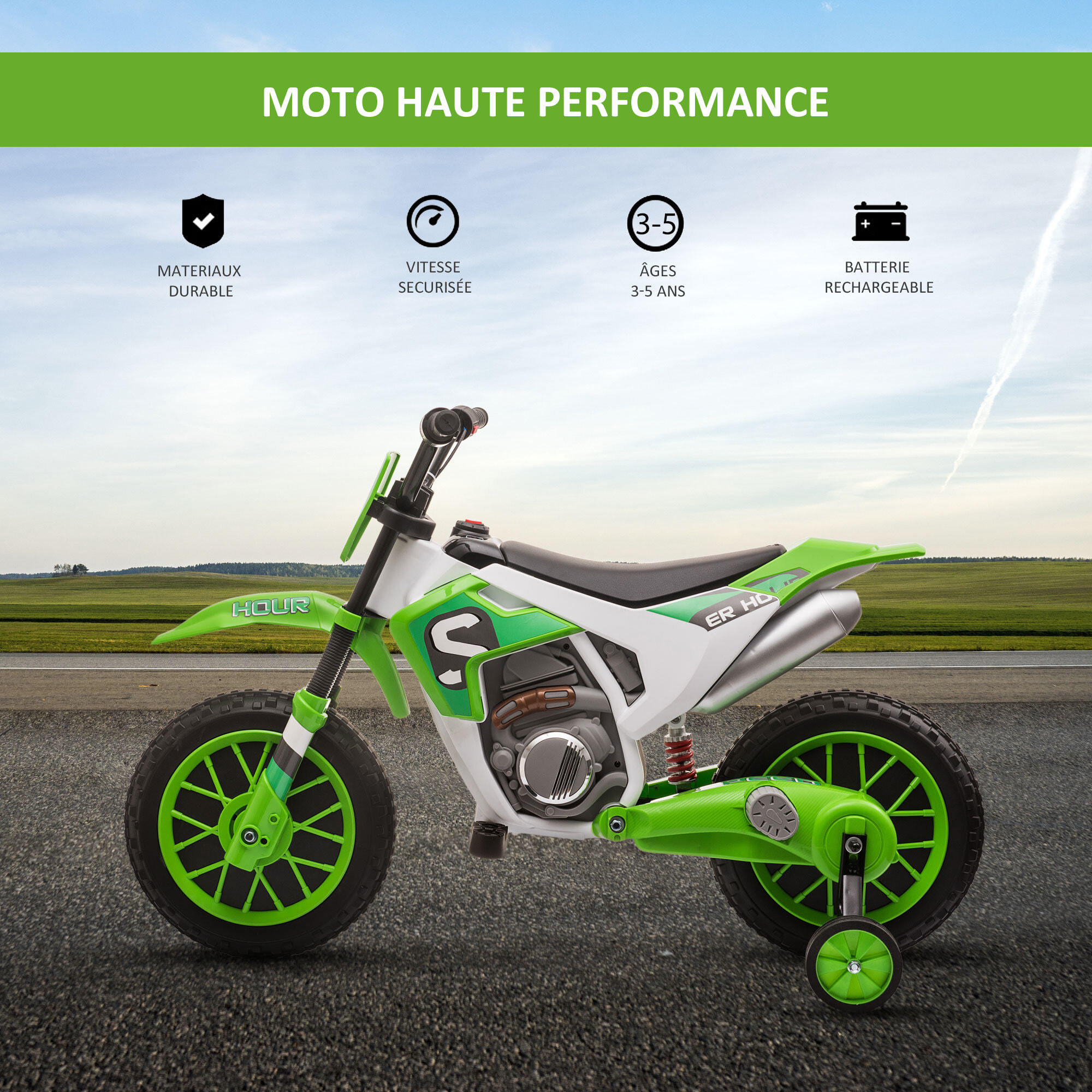 Moto cross électrique pour enfant 3 à 5 ans 12 V 3-8 Km/h avec roulettes latérales amovibles dim. 106,5L x 51,5l x 68H cm vert