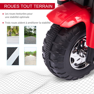 Moto électrique enfant chopper tout-terrain  6 V 20 W marche AV AR 3 roues effets lumineux et sonores rouge noir