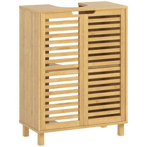 Mueble Bajo Lavabo, Mueble de Baño de Bambú con 2 Puertas de Lamas, Estante Ajustable, para Lavabos con o sin Pedestal, 60x30x80 cm, Natural