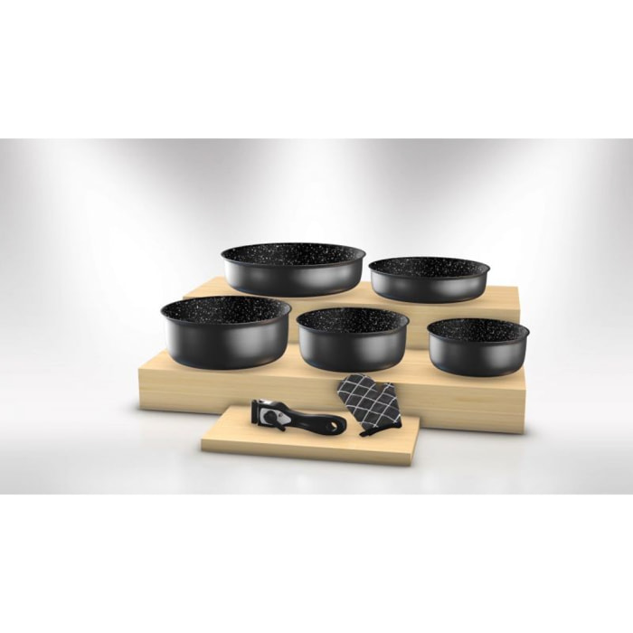Batterie de cuisine revêtement pierre avec manche amovible 7 pièces bordeaux Herzberg HG8053-BR
