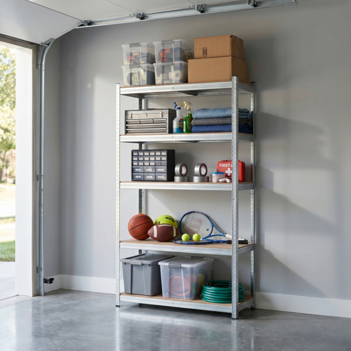 Scaffale metallico 5 ripiani 90x40x180 cm, scaffalatura acciaio heavy duty fino a 175 kg per ripiano, montaggio ad incastro senza bulloni, ripiani MDF resistenti, ideale per garage magazzino cantina e ripostiglio