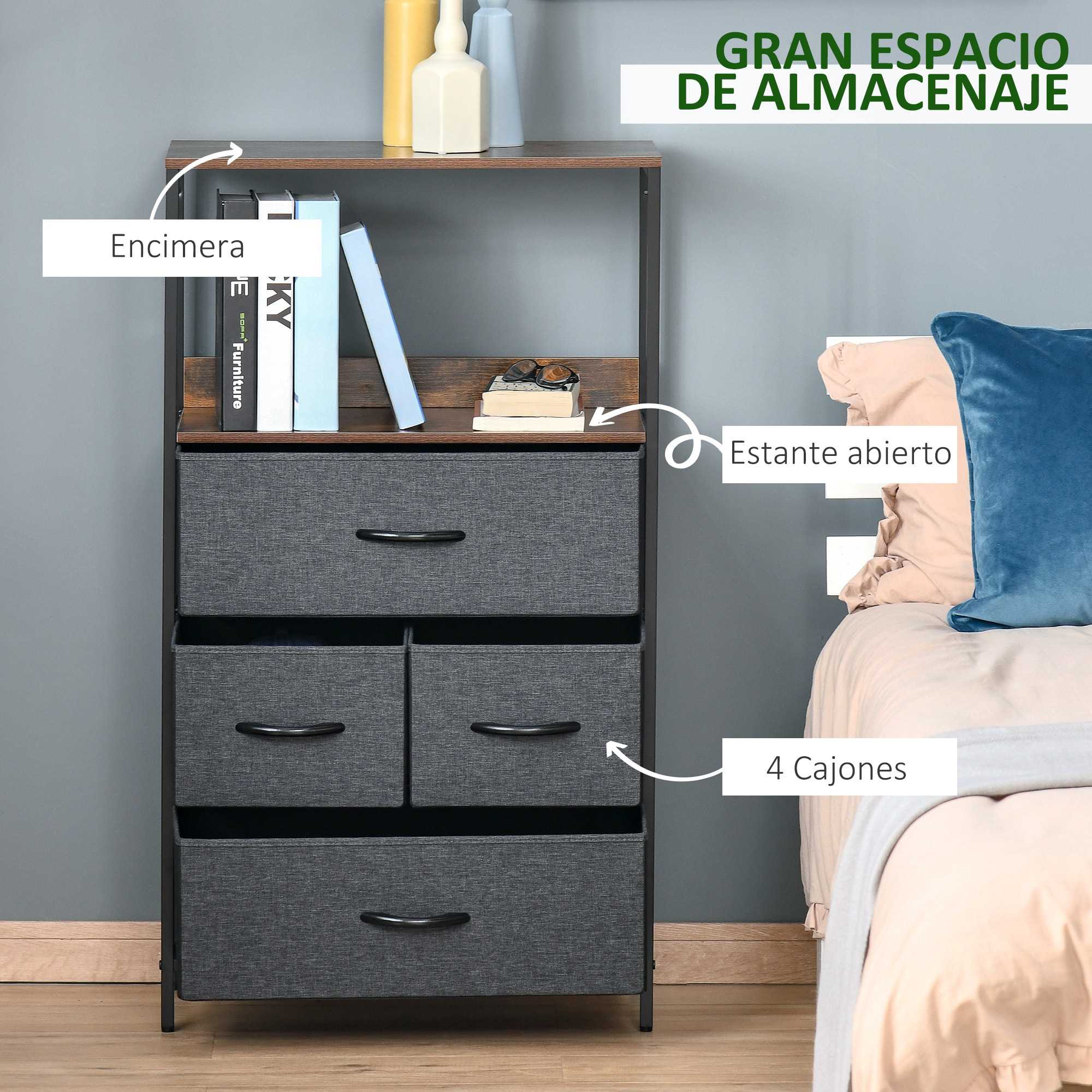 HOMCOM Cómoda Cajonera Cómoda de Noche con 4 Cajones de Tela Plegables y Estante Abierto Armario de Salón para Oficina Dormitorio Estilo Moderno Antivuelco 58x29x103 cm Gris