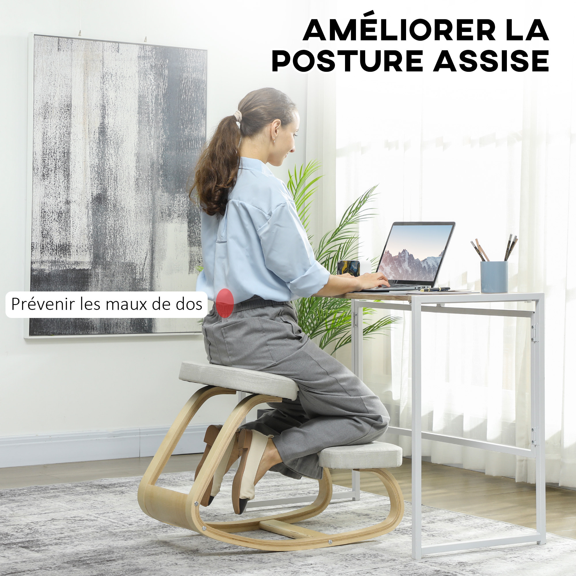 Siège ergonomique - siège assis-genoux - chaise assis genoux grand confort - bois bouleau tissu beige clair