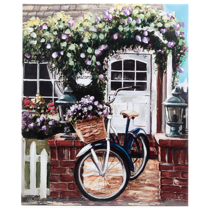 Cuadro 50x60 diseño bici vintage y casa con flores.