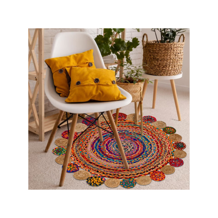 Tapis rond en jute multicolore artisanat indien 90cm - JALNA