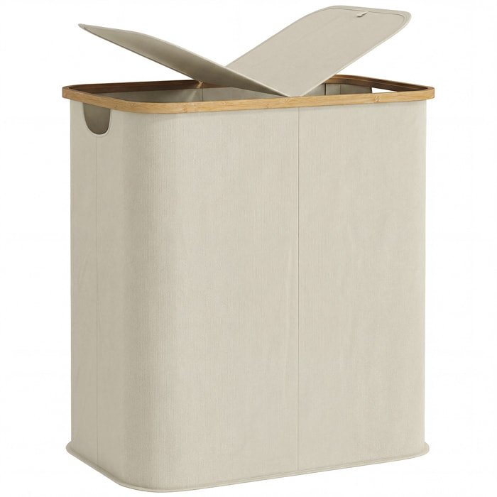 Cesto de Ropa Sucia con Tapa, 80L, Cesta de Ropa Sucia Plegable de Tela no Tejida, Marco de Bambú, con 2 Compartimentos, Asas de Ranura, para Lavandería, 54x34x58,5 cm, Beige