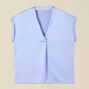 Oltre - T-shirt bimaterica scollo a V - Azzurro